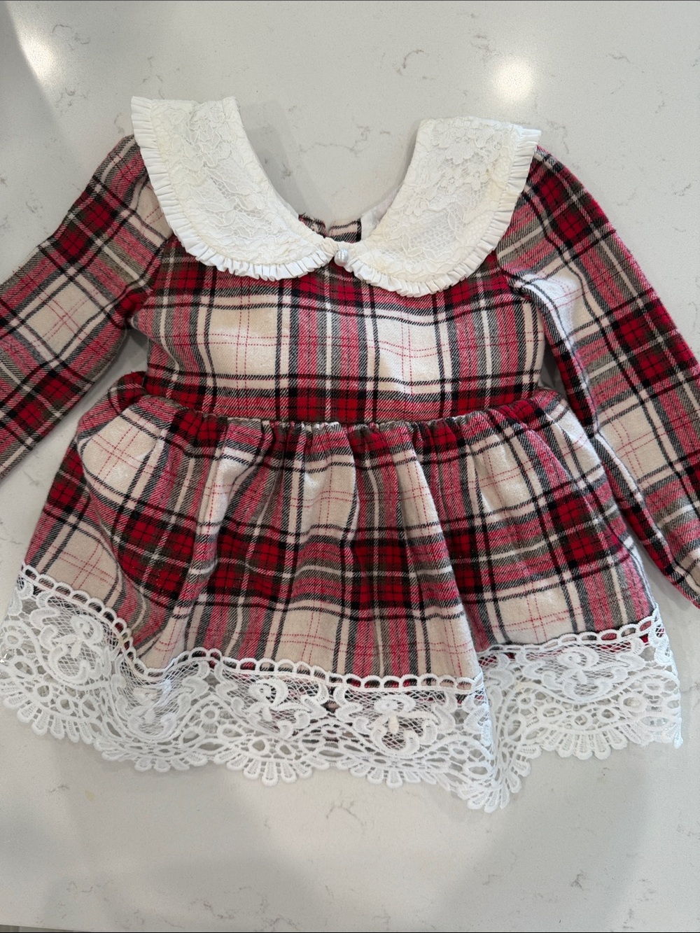 Plaid Lace-Trimmed Girls' Dress with Peter Pan Collar - Red/White